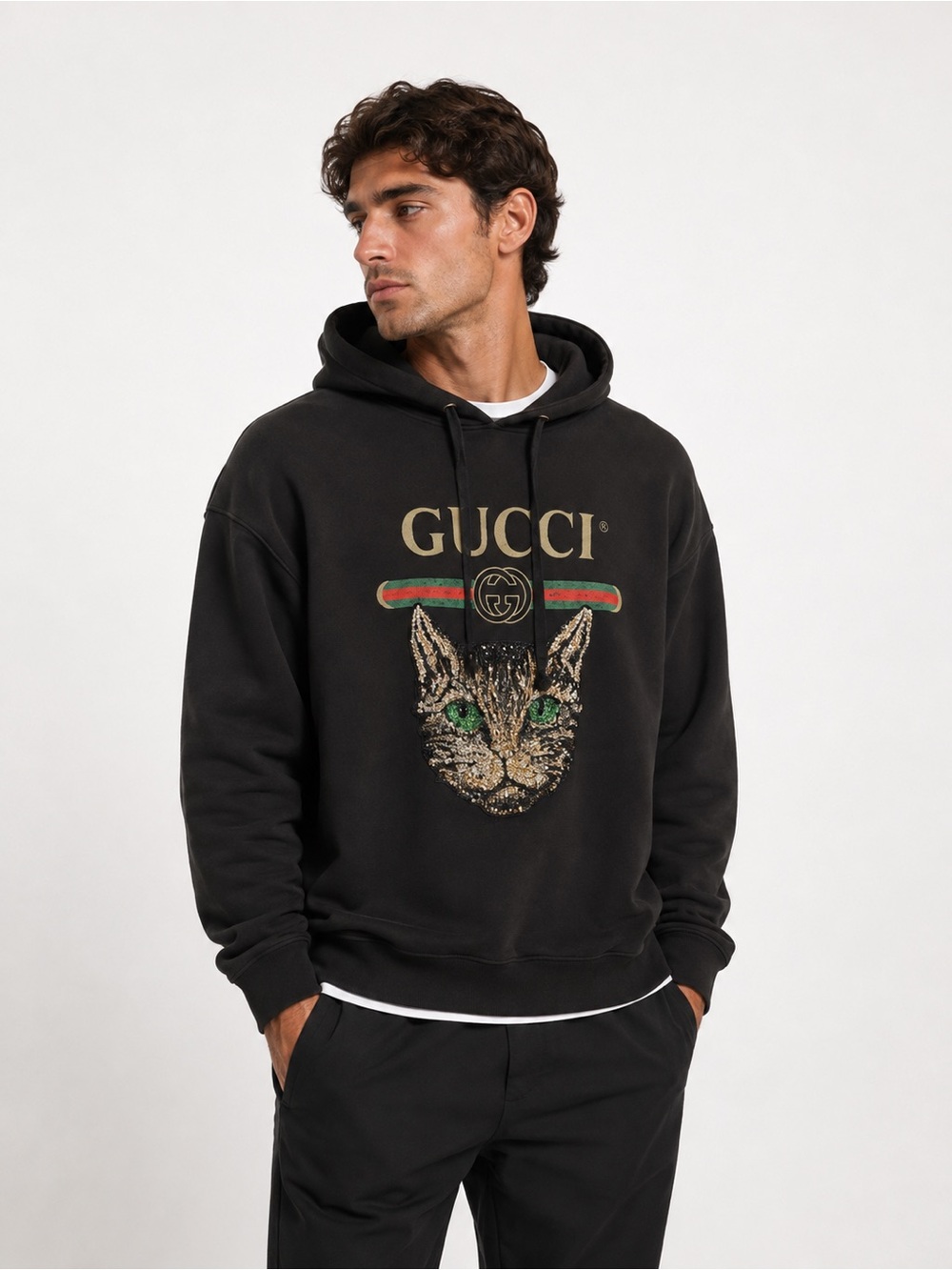Gucci Black Hoodie with Gold Logo and Green-Accented Cat